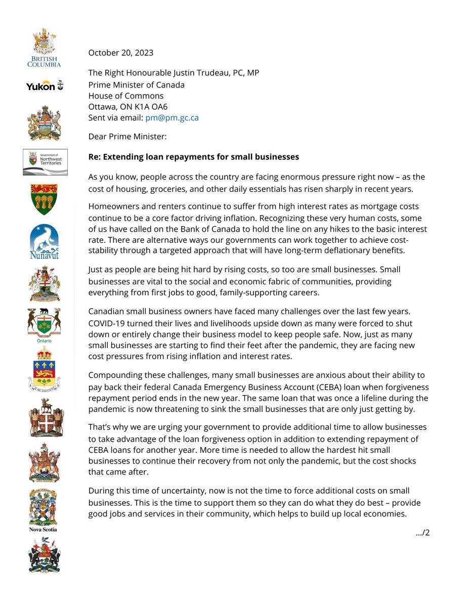 Dave_Eby's tweet photo. Small business owners are feeling squeezed by rising inflation &amp; interest rates. Thanks to all premiers for joining together to ask the federal govt to give small businesses a chance to recover by extending CEBA loan repayments for another year. https://t.co/IsZfBpBV6J https://t.co/4BCmn2sbBa