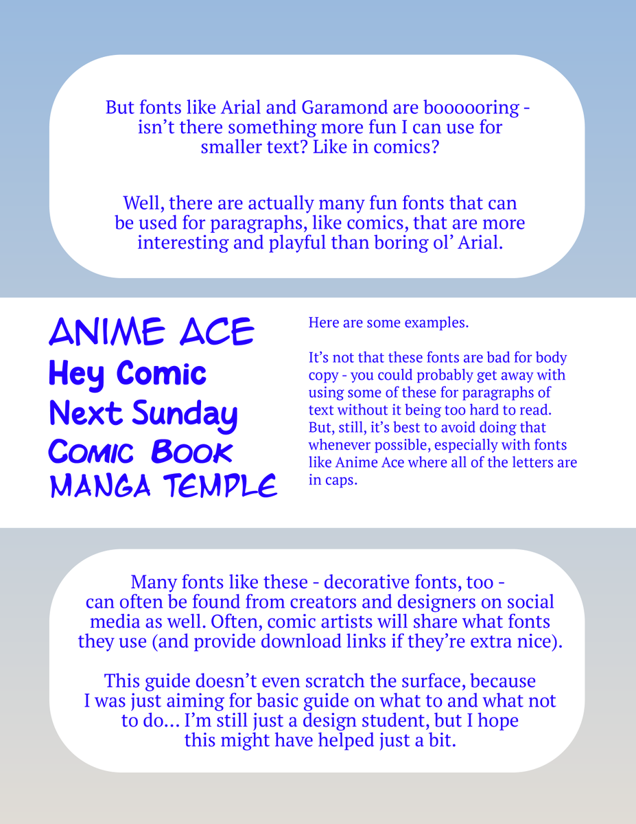 GOOMYLOID's tweet image. hello here is a quick guide i made in an hour about the basics of simple vs. complex/display fonts and what should and shouldn't be used for small text...!!
these are just basics and i wanted to help out fellow artists that might be less familiar with design and typography!! :-D