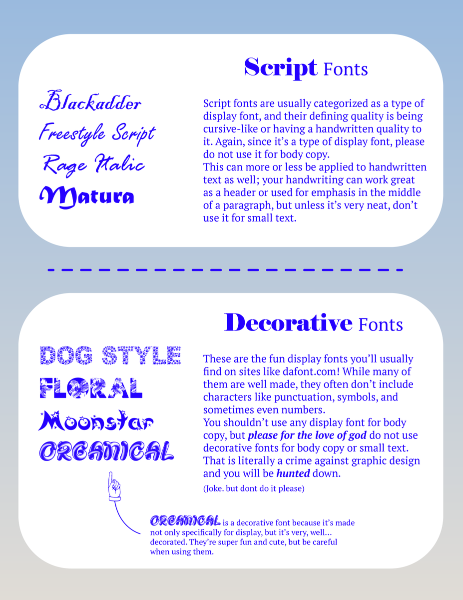 GOOMYLOID's tweet image. hello here is a quick guide i made in an hour about the basics of simple vs. complex/display fonts and what should and shouldn't be used for small text...!!
these are just basics and i wanted to help out fellow artists that might be less familiar with design and typography!! :-D
