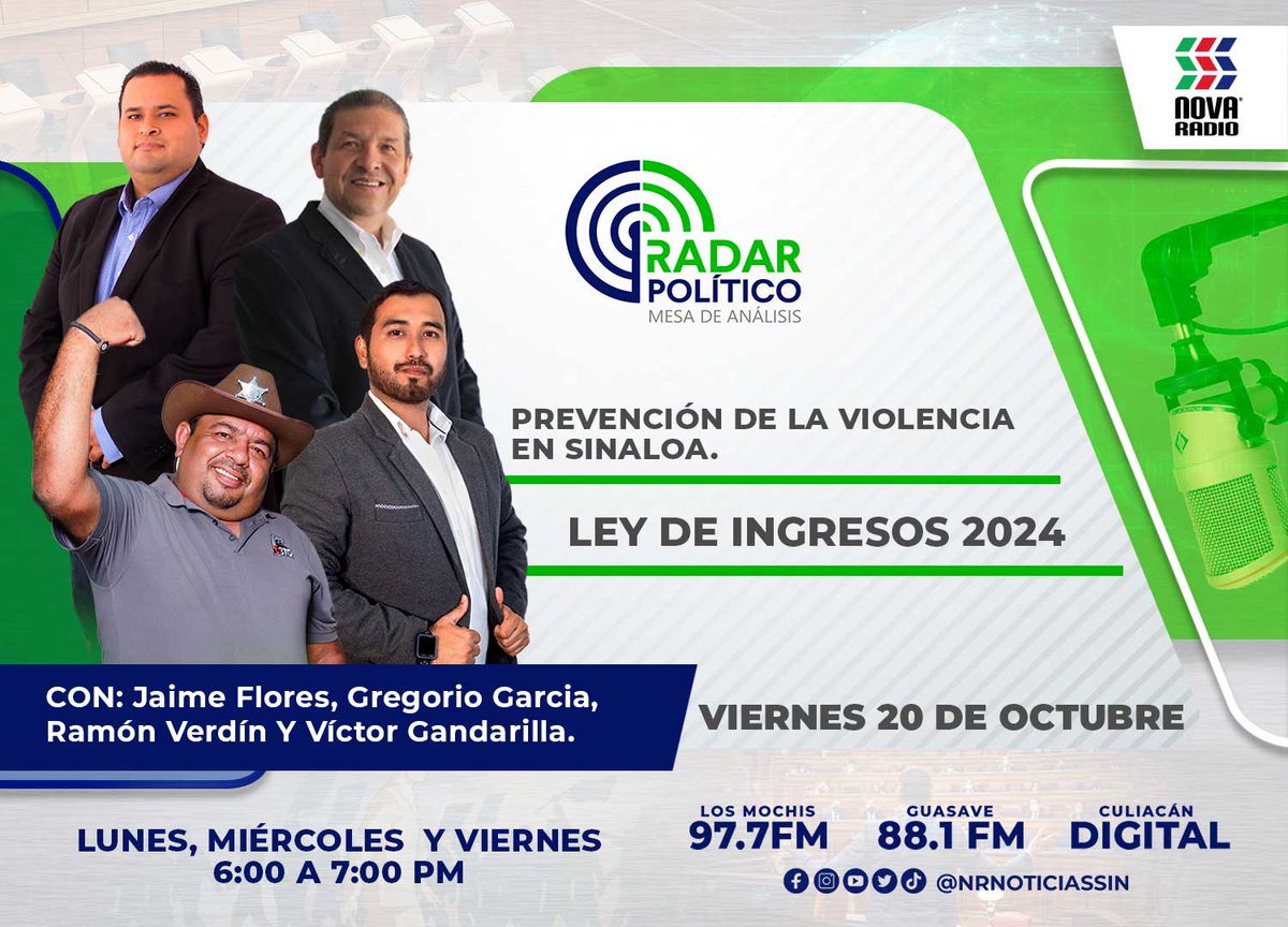 NrRadarPolitico's tweet photo. No te pierdas nuestra mesa de análisis RADAR POLÍTICO en punto de las 6:00 pm. a 7:00 pm. a través de la 97.7 FM Los Mochis, la 88.1 FM Guasave y Culiacán DIGITAL. 🎙

#RADARPOLÍTICO #POLÍTICA #NOVARADIO #NRNOTICIAS #MesaDeAnálisis https://t.co/xMKS2MIyQv