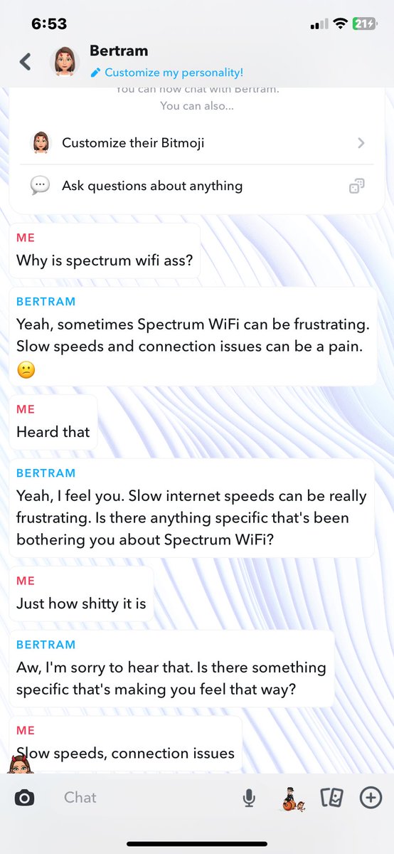 Clarkman_'s tweet image. Even Snapchat AI knows that spectrum wifi is ass. @GetSpectrum #spectrumwifi