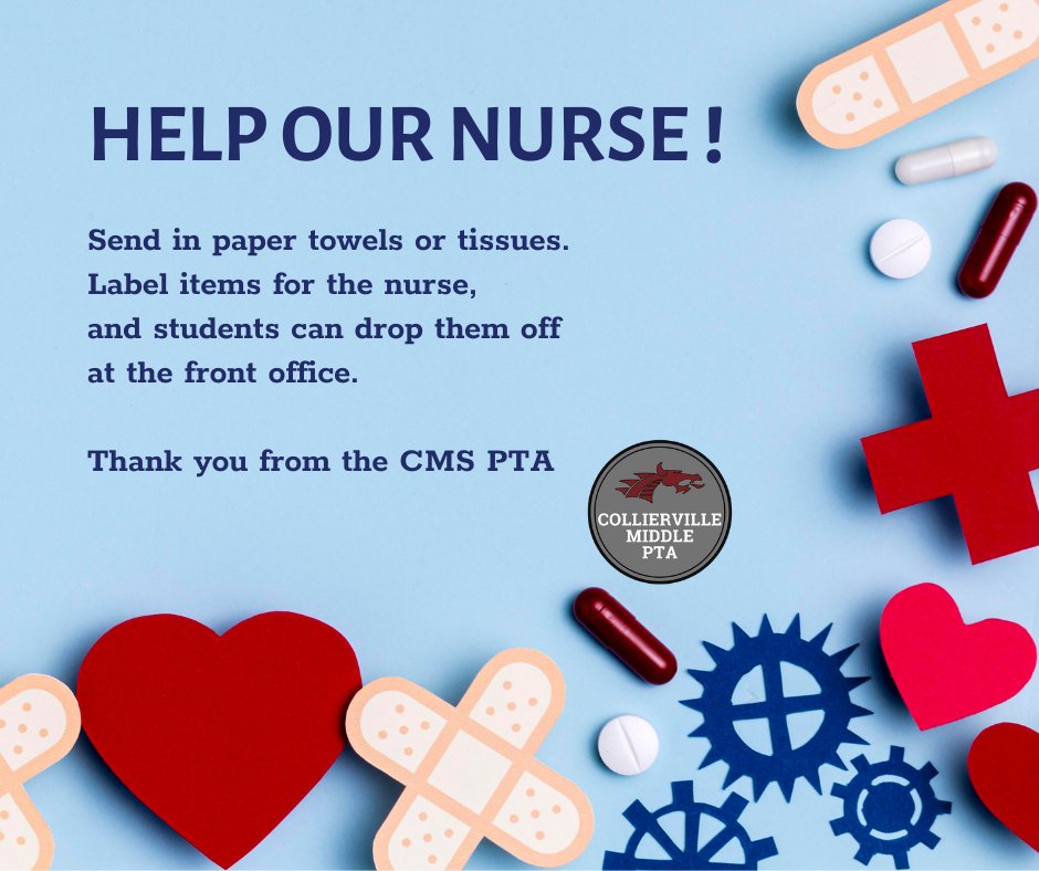 cms_dragonsPTA's tweet photo. Help out our CMS nurse!! The PTA is clearing Nurse Alyson’s wish list and needs your help providing some paper items. If you have extras at your house, send in a roll of paper towels or a box of tissues. Label them for the nurse, and your student can drop at the front office. https://t.co/rtR2MauMMR