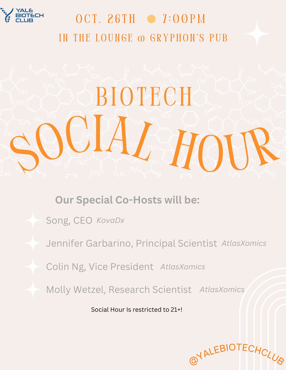 We'd like to invite you to YBC's Biotech Social Hour on Thursday, October 26th at 7pm! We are delighted to be joined by a number of scientists from local companies. This is an excellent opportunity to network! There will be complimentary drinks (for guests 21+)!