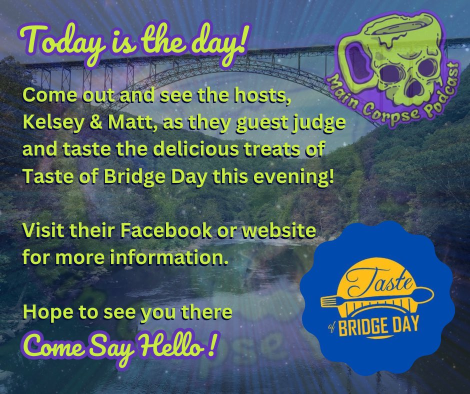 MainCorpsePod's tweet image. We are here for Taste of Bridge Day!
@TasteofBD We can’t wait!!
Our hosts Matt &amp;amp; Kelsey have arrived and are excited to be guest judges and taste test all the goodies you’ve got!
See you at Bridge Day! #BridgeDay #WestVirginia @NewRiverNPS