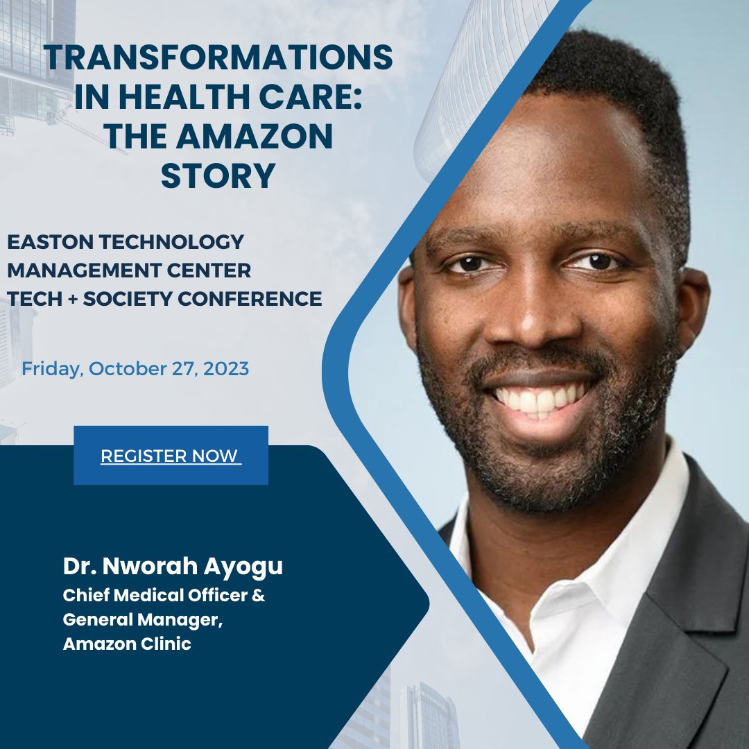 eastoncenter's tweet photo. Join us next Friday, Oct 27 for the Easton Center Tech + Society Conference to hear @nworahayogu  from Amazon Clinic speak on transformations in healthcare.
Sign up for in person attendance or watch remotely via Zoom https://t.co/hTE5H2kYHS https://t.co/aERX4YzjEE