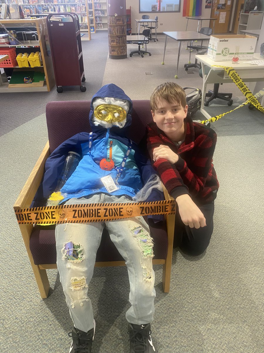 Library aides have been hard at work decorating for Halloween. Pictured here is Henry and Smarty Marty. Marty is waiting for his chromebook to be fixed. #bebrooks97 #oakpark97