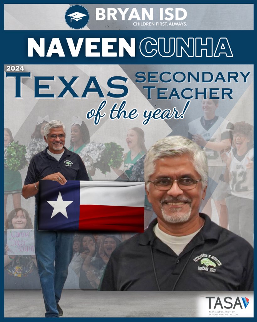 Naveen Cunha is the TEXAS SECONDARY TEACHER OF THE YEAR! At today’s TASA Awards Ceremony in Round Rock, the Bryan ISD and SFA Middle School teacher was announced as the Texas Secondary Teacher of the Year! @GCarrabineBryan