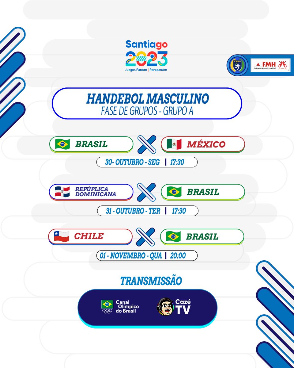 HandebolMinas's tweet photo. Jogos da Seleção Brasileira de Handebol Masculina nos Jogos Pan-americanos de Santiago 2023

Fase de Grupo
30/ Out - 🇧🇷BRASIL X 🇲🇽México 
31/ Out - 🇩🇴Rep. Dominicana X 🇧🇷BRASIL 
01/ Nov - 🇨🇱Chile X 🇧🇷BRASIL

Acompanhe os jogos pela @CazeTVOficial 

#Santiago2023 #Handebol https://t.co/LHzBY40Cwc