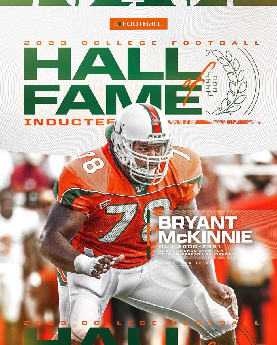 BryantMckinnie's tweet photo. What’s up #CaneFam, i’ll be honored during the 2nd quarter of our match up tomorrow vs #Clemson, for my College Football Hall of Fame induction, which takes place in #Vegas on Dec. 5th. Looking forward to see some #Cane fans tomorrow. #CaneForLife 🙌🏾 #TheU  #MiamiHurricanes https://t.co/7DQ9Mhto6f