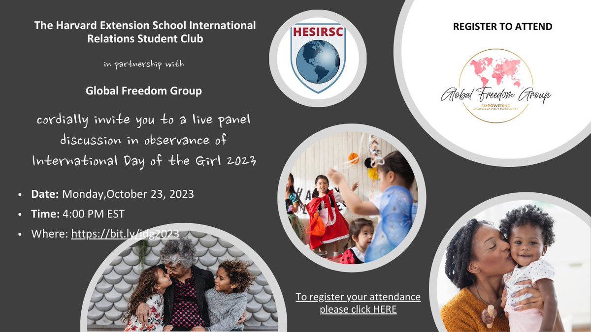 HarvardESIRSC's tweet photo. We are excited to announce our first event for the 2023-24 academic year! In partnership with Global Freedom Group, we invite you to a live panel discussion in observance of International Day of the Girl child on Oct 23, 2023, 4:00 PM ET 
To register: https://t.co/gTMExRWYHd https://t.co/0Yw9VeDQEJ