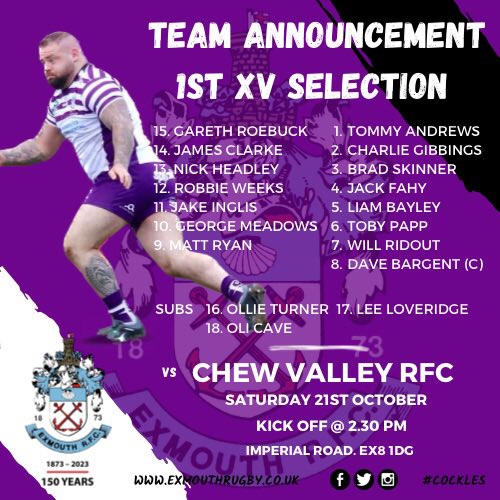 ExmouthRFC's tweet photo. 🔊 TEAM ANNOUNCEMENT
🏖 1ST TEAM at Our House v @chewvalleyrfc KO 2.30 pm
🚙 QUINS On The Road v @southmoltonrfc KO 3.00 pm
🚙 COLTS On The Road v @TotnesRFC KO 3.00 pm
📺 RWC Semi Final screening on our TV’s, with a warm welcome🔆 #VPDAY #squadgoals #cockles💜 https://t.co/IagzpQ85av