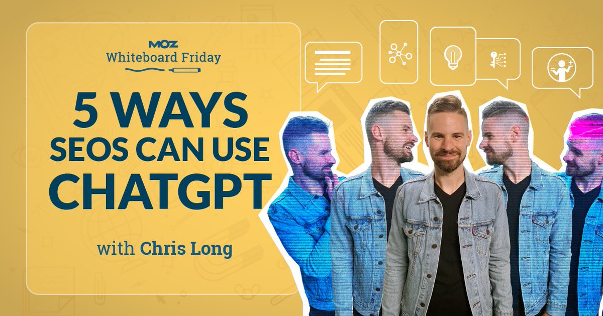 Moz's tweet photo. 5 ways to use ChatGPT for SEO:

Optimize featured snippets 🔍
Improve content 📝
Summarize technical articles 📚
Customize Screaming Frog extractions 🐸
Create your own tools 🛠️

Learn more in this new #WhiteboardFriday: https://t.co/wn8BqeRPBN via @GoFishChris 📺 https://t.co/jc41ZkFQpR