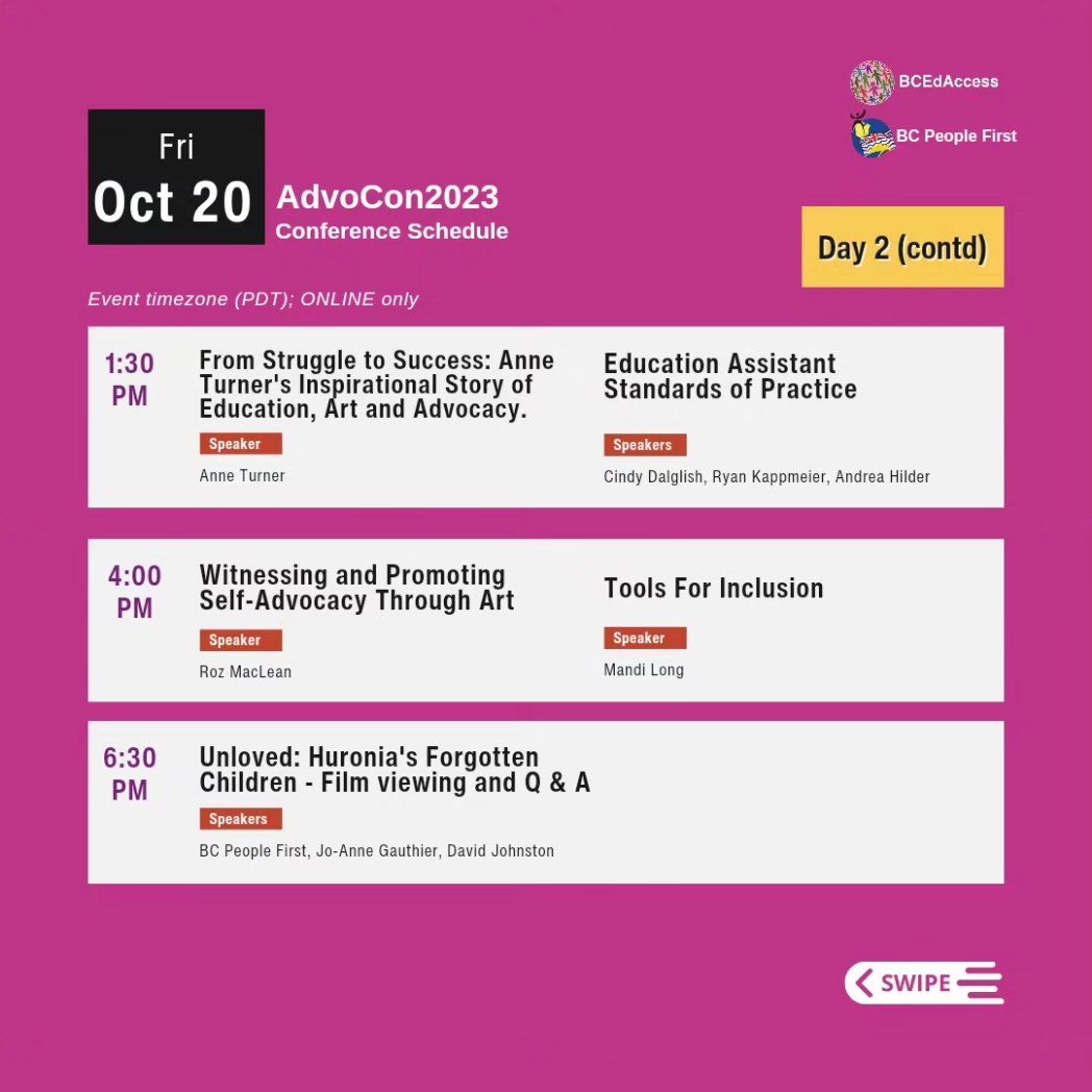 Day 2 of 4 continues at BCEdAccess &amp; BC People First's #Advocon2023 ! Check out our afternoon sessions and engage with exhibitors, attendees through our conference Whova App! Get tickets here: buff.ly/45GkSRC 
#InclusiveEd #DisabilityRights