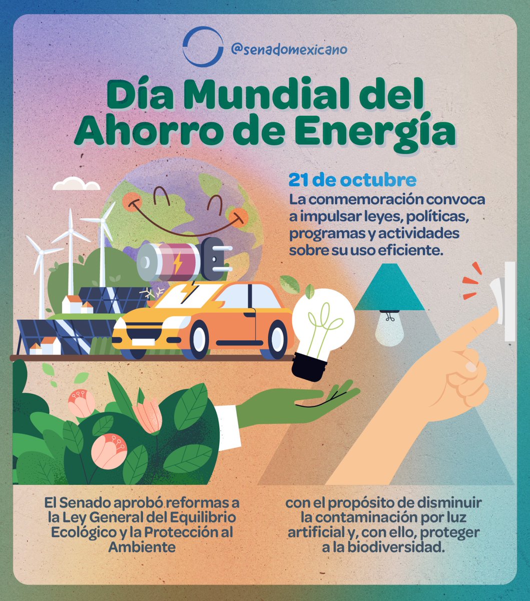 senadomexicano's tweet photo. 📌 El Día Mundial del Ahorro de Energía nos invita a caminar juntos hacia un mundo más verde. Conoce las reformas que el Senado ha aprobado en la materia y únete a poner tu granito de arena para darle un respiro al planeta. 🌎💡 https://t.co/pryrdYIwCh