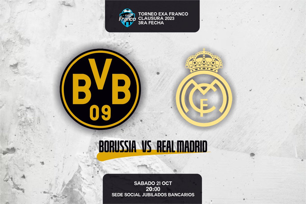 Se viene otra jornada del <a href="/exafranco/">Torneo Exa Franco</a>

Por la 3ra fecha del Torneo Clausura el equipo de Borussia se mide ante el Real Madrid 013 por primera vez en el Exa Franco.  

#VamosBVB09 🌒🌘