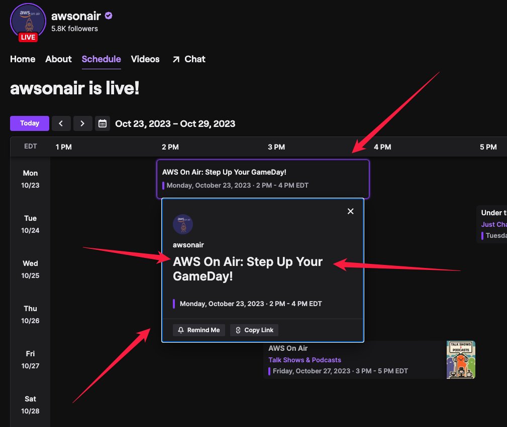 AWS GameDay Alert!! 

<a href="/kperreault95/">Kristi Perreault</a> &amp; I are joining <a href="/amsxbg/">Allen-Michael (AM)</a> &amp; <a href="/rchrdbyd/">Richard Boyd</a> for an AWS GameDay Live next Monday @ 2PM EST

We are going to:
- Do fun serverless stuff on AWS
- Watch Kristi crush the competition
- Watch me lose horribly!

twitch.tv/awsonair/sched…
