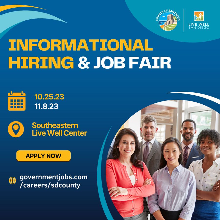 SDCountyD4's tweet photo. Join the County for an information hiring and job fair on Oct. 25 from 10 a.m. - 2 p.m. and Nov. 8 from Noon - 6 p.m. at the Southeastern Live Well Center. There will be experts, workshops, and tips for applying at the County.
https://t.co/BOP9wIRrF5 https://t.co/UfxsD9ScHX
