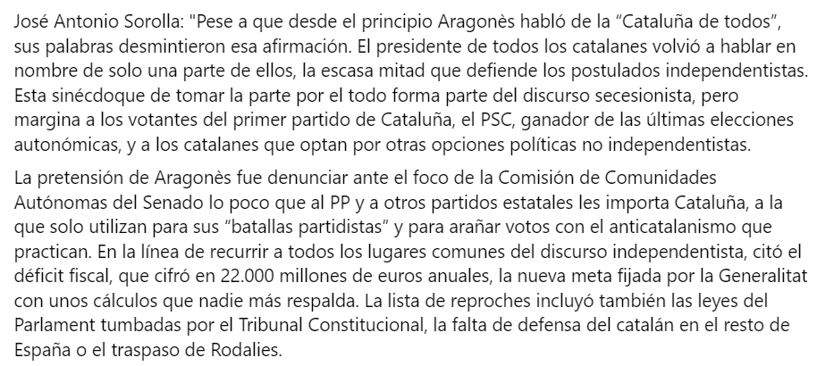 Nacionalismo y trumpismo cat y nacionalismo y trumpismo esp, tal para cual. Si Espanya no existís, els partits indepes l'haurien d'inventar. 

Este artículo de José Antonio Sorolla sobre la intervención de Pere Aragonès en el Senado: