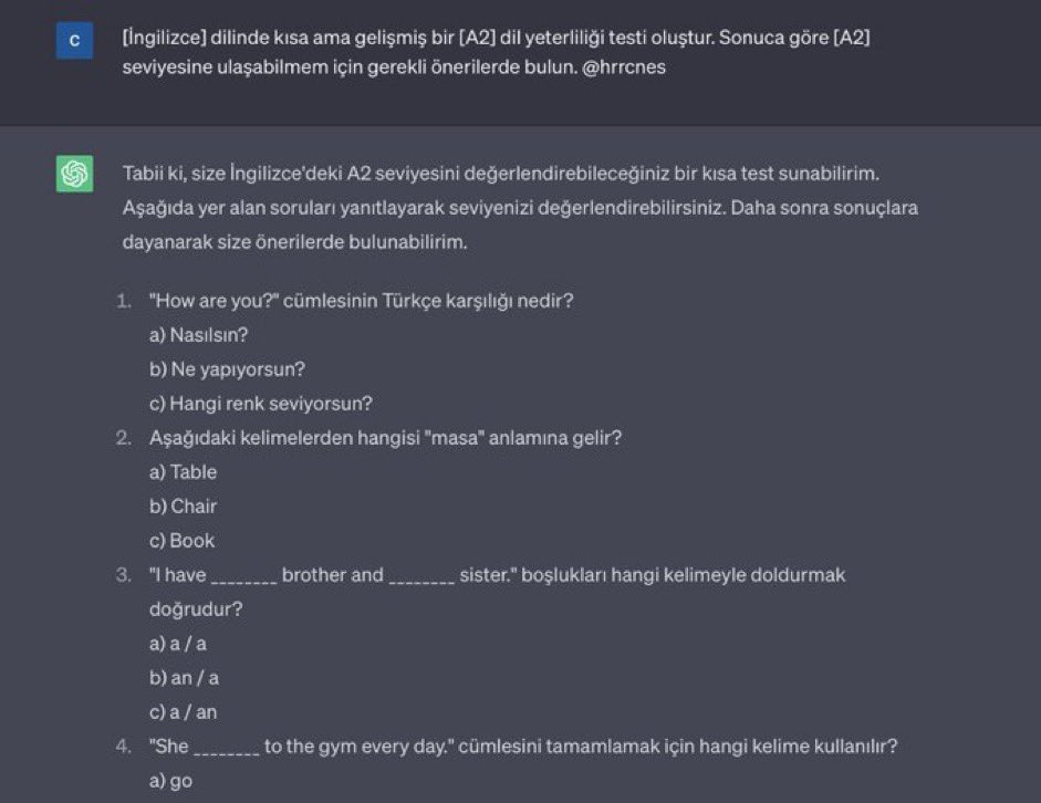 alitekintr's tweet photo. 10. Öğrendiklerinizi denetlemek için kendi testinizi oluşturun.

Prompt: 

[Hedef dilde] dilinde kısa ama gelişmiş bir [hedef seviye] dil yeterliliği testi oluştur. Sonuca göre [hedef seviye] seviyesine ulaşabilmem için gerekli önerilerde bulun. https://t.co/04IcjZHV4R
