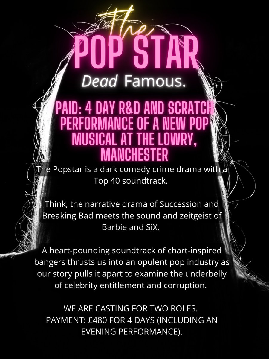 HYDE and his writing partner LANGLEY are extremely excited to be casting for this PAID R&amp;D and Scratch Performance of a brand new POP musical - happening at The Lowry (<a href="/The_Lowry/">Lowry</a>) in Manchester next month. Please share it with anyone who might be interested 🕺👑🎙📸