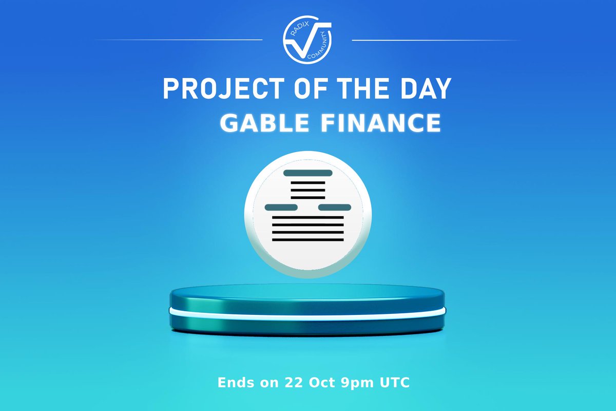 Our next ''Project of the day'' is Gable Finance!

They #giveaway 5 x 200 $XRD

Complete these tasks:
✅ Follow @radix_ecosystem and <a href="/Gable_Finance/">Gable Finance</a>

 ✅ Like and RT this tweet

⏱️ Ends 22 October 9pm UTC

 Thread about Gable Finance 👇
#airdrop