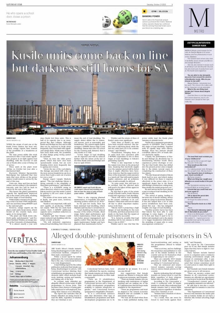 SaturdayStar's tweet photo. #News: The return of unit one at Kusile is great news, but how long will it remain in operation? [also] #aTypicalInterview: @SamNaik01 asks actress @_AngelaSithole some offbeat questions #SatStar https://t.co/JwOqtuMg6l