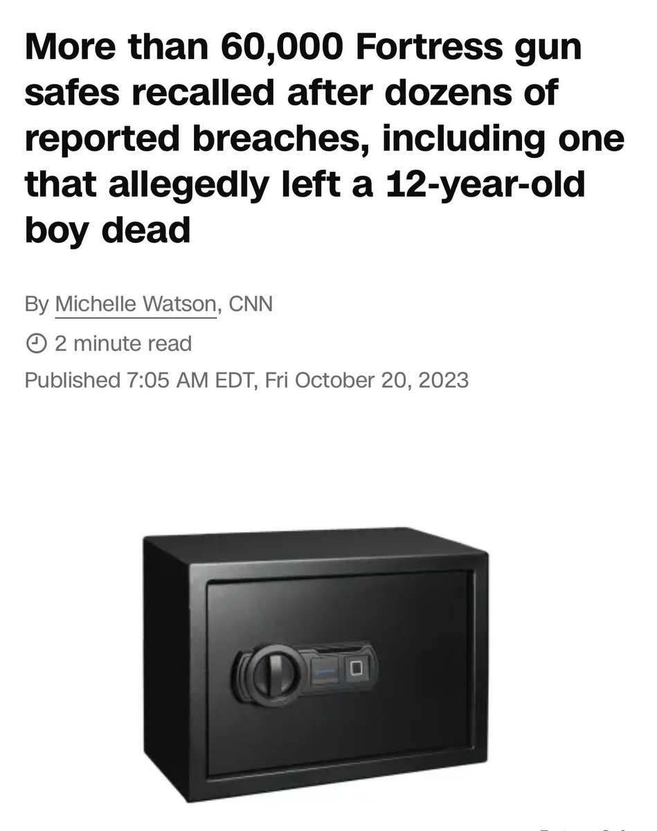 America's idiocracy in a nutshell: We recall gun safes after the death of one child, but not the actual guns that are the leading cause of death of children. cnn.com/2023/10/20/us/…