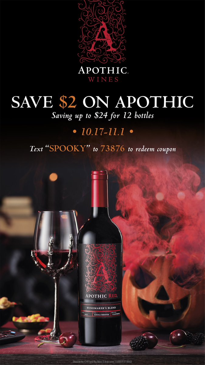 BevMaxCT's tweet photo. 🎃Get ready for a hauntingly good deal!🍷✨Stock up on Apothic wine with $2 off a bottle, and up to $24 off 12. Just text “SPOOKY” to 73836. 🧛🏻🎃 https://t.co/WTa0XqNLWt