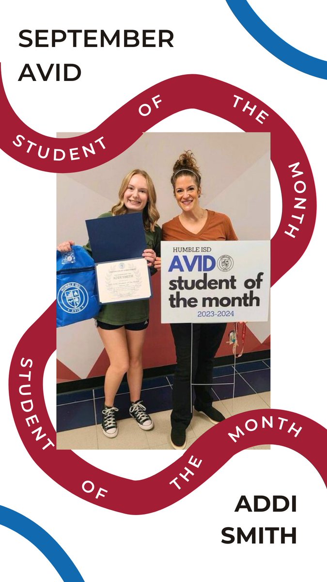 BIG congratulations to our September AHS District Student of the month Addi Smith!! Way to go Addi!! 🦅🎓

#atascocitahighschool #avid #studentofthemonth #the🅰️way
#waytogoeagles #EaglePride @HumbleISD_AHS @SarahMayhall1 @HumbleISD_AVID @HumbleISD