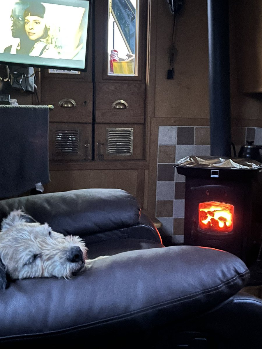 NbaOdyssey's tweet photo. Well we’ve done it … fire lit, fish cooking on the stove .. dog fast a sleep.

#NarrowboatOdyssey https://t.co/xxH6jgz2OF