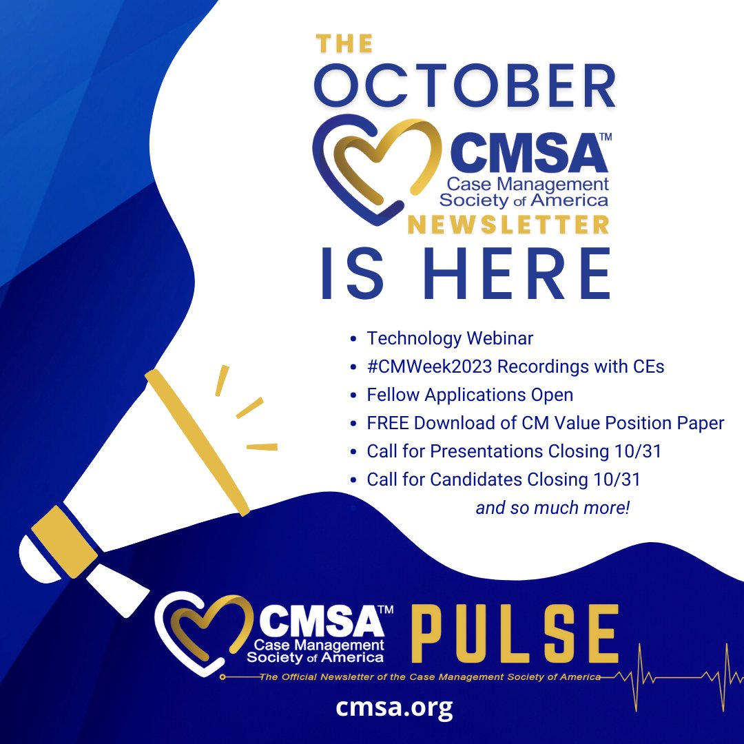 CMSANational's tweet image. Read the October #CMSAPulse Newsletter for all the news you need! bit.ly/CMSAPulseOct23
- Technology Webinar
- #CMWeek2023 Recordings with CEs
- Fellow Applications Open
- FREE Download of CM Value Position Paper
and so much more!
#CMSA #CaseManagement #CMSACommunity