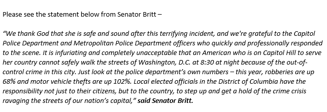 AllisonPapson's tweet photo. Senate staffer robbed last night on 12th St NE &amp; Maryland Ave NE at 8:20pm. The victim works a scheduler in the office of U.S. Senator Katie Britt. She told police that she parked her car &amp; as she was walking to her building, the suspect pointed a black handgun to her face. #MPD https://t.co/8mPFBsOZpX