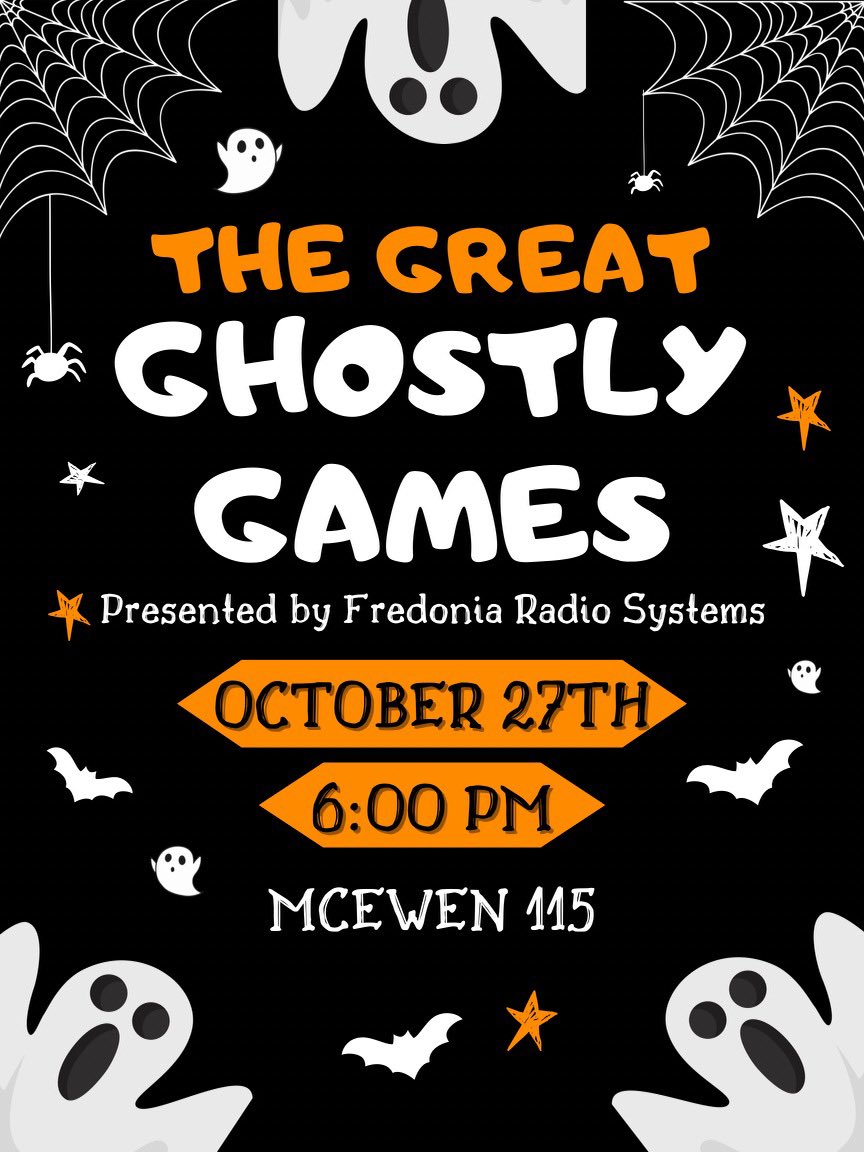 Come to McEwen 115 on Friday October 27th at 6pm as the Great Ghostly Games commence! Students will participate in a scavenger hunt around campus and have the opportunity to enter a costume contest!