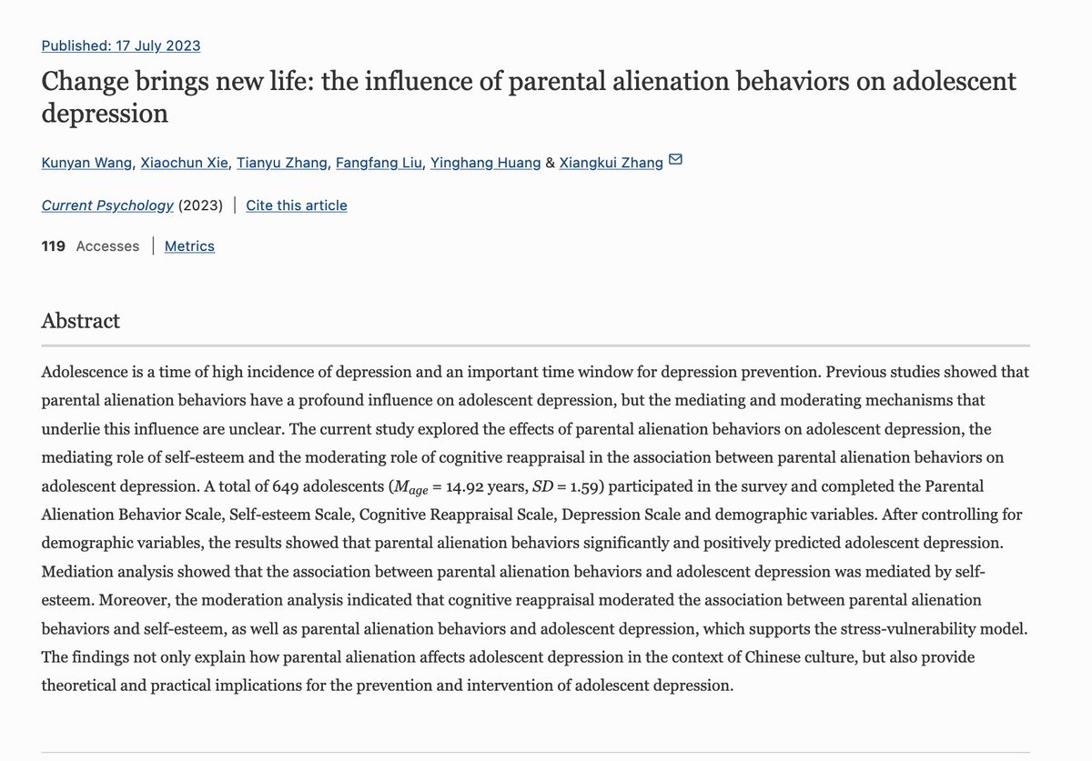 OPEN ACCESS: Wang et al. (2023) Change brings new life: the influence of parental alienation behaviors on adolescent depression. link.springer.com/article/10.100…

#alienatingbehaviours #adolescentmentalhealth #mentalhealth #childabuse #parentalalienation