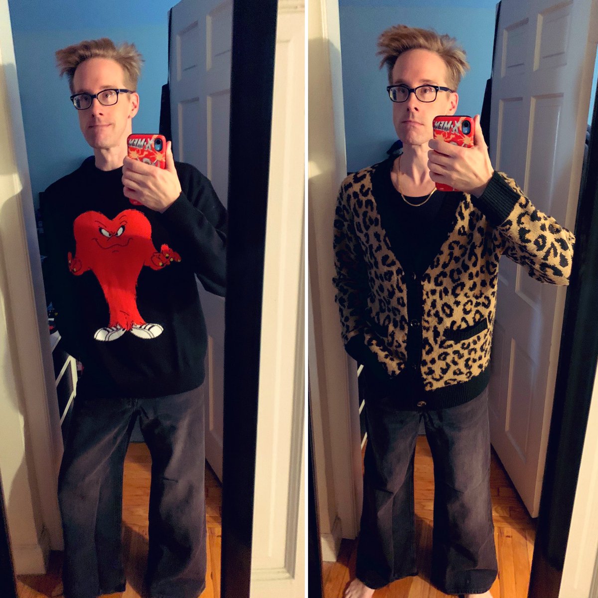 swartstudio's tweet image. Getting ready to go out for the evening. I’m digging these oversized bootcut jeans from H&amp;amp;M. Help me decide, what sweater should I wear tonight? #decisionsdecisions #nightout #sweaterweather #SWartStudio