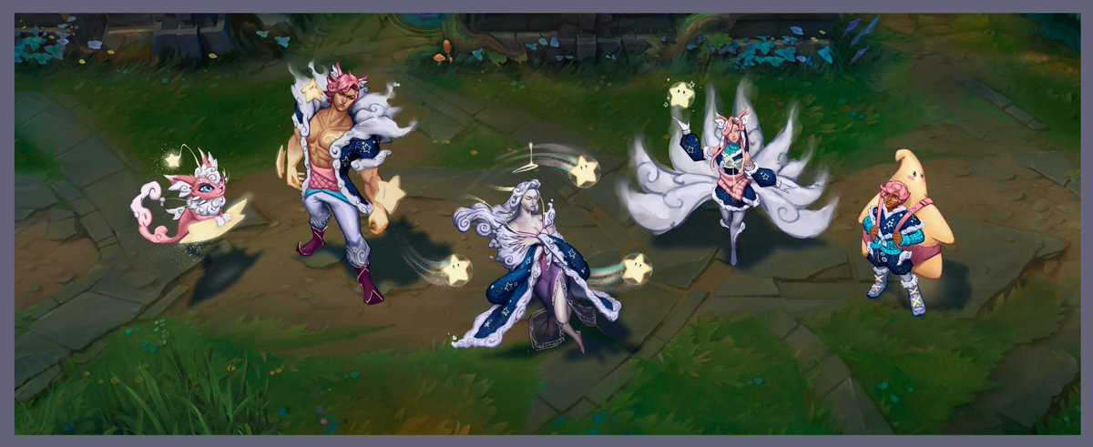 Ulchete's tweet image. A new skinline concept I&apos;ve been working on: Elysium, a universe inspired by genies. They guard over the wishes of people materialized in cute star pets that need to be taken care of until they become true. Ahri, Sett, Milio, Yuumi and Syndra