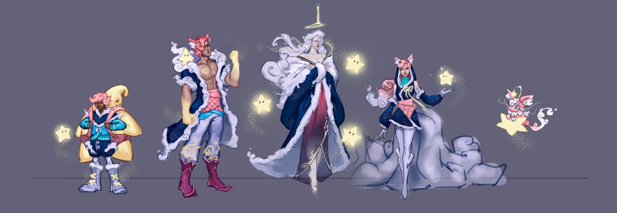 Ulchete's tweet image. A new skinline concept I&apos;ve been working on: Elysium, a universe inspired by genies. They guard over the wishes of people materialized in cute star pets that need to be taken care of until they become true. Ahri, Sett, Milio, Yuumi and Syndra