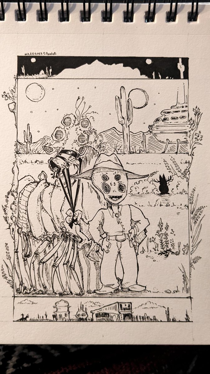 sidni's tweet photo. day 20, "extraterrestrial" 👽 🤠
i want to believe every sentient species eventually independently evolves cowboys

#extraterrestrial #alien #cowboy #mabsdrawlloweenclub https://t.co/bTWTRQ5hTg