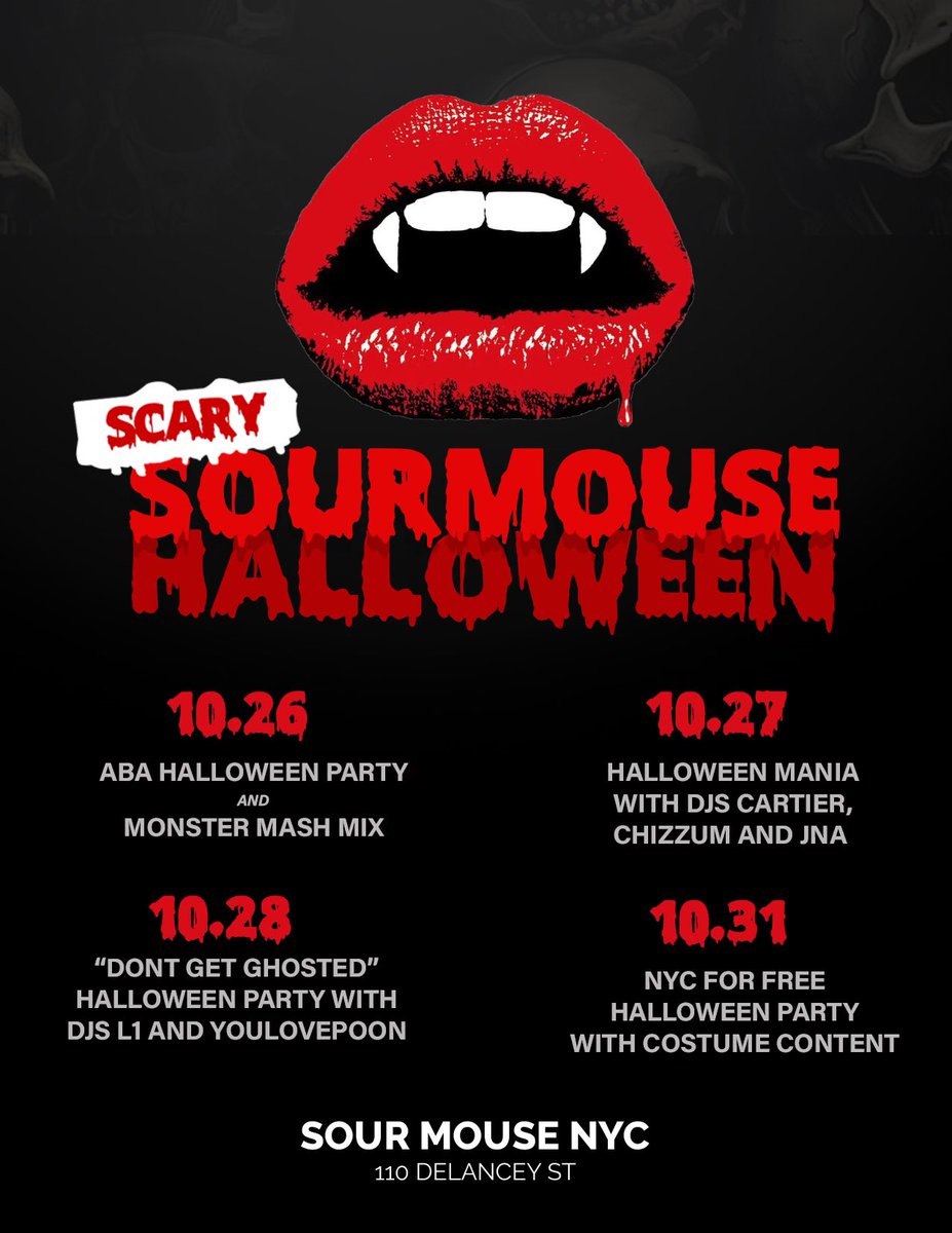 sourmousenyc's tweet image. Halloween @sourmousenyc 
We got a line up of parties &amp;amp; bashes.

What are your costumes this year?
👻🎃🐺🧛‍♀️🧟‍♀️

#HalloweenCostumes #HalloweenVibes #sourmousenyc #nyc #billiards #pingpong #eventspace #music #drinks #BrandedFeatures