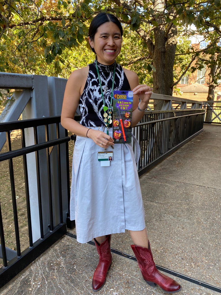 acostalmd's tweet photo. On this #cowboybootFriday @Ariat I celebrate @VUMCneurology winning Best Overall in the @VUMChealth pumpkin carving competition. Holding my favorite carving tool from @MichaelsStores : key to this victory and leading #VUMCChapman to @VUmedicine success at College Cup! 🐉 https://t.co/p8DPM8n9kT