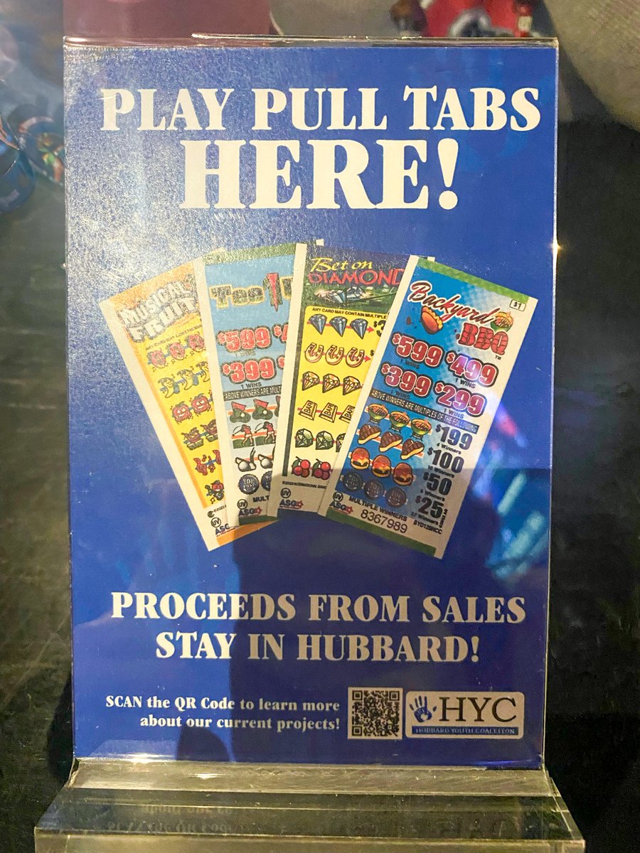 ASGPullTabs's tweet photo. The Hubbard Youth Coalition reminds customers visiting one of our Hubbard locations that playing pull tabs is not only exciting, but also contributes to their organization's efforts in making positive changes in the community. #HubbardYouthCoalition #PositiveChange https://t.co/Uq7q78FzzX