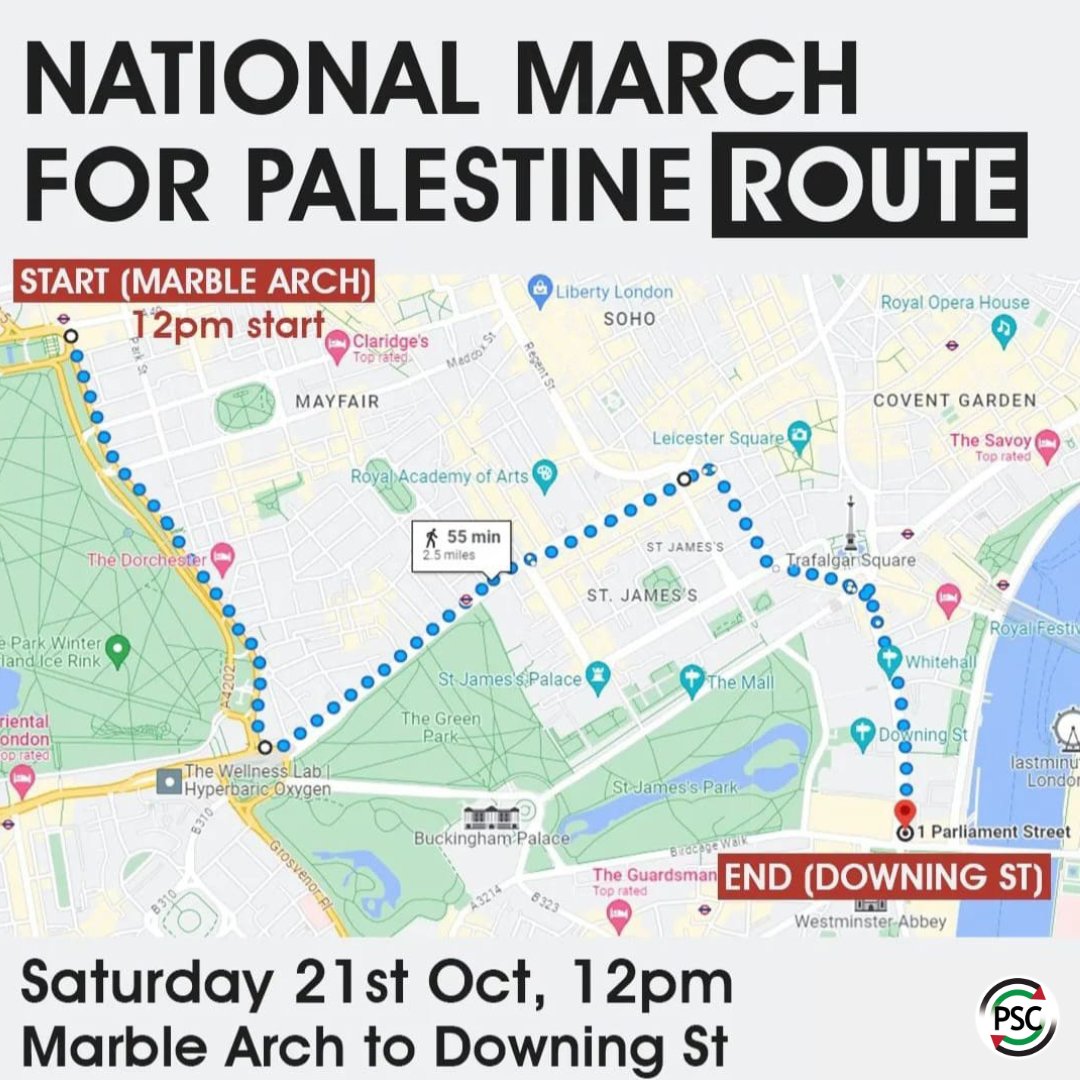 📢 The Route of our National Demonstration for Palestine has been announced. 🇵🇸 We will meet 12pm at Marble Arch to prepare to march through Central London to Downing Street! Join us and demand a #CeasefireNOW 🇵🇸 #FreePalestine #gazaunderattack