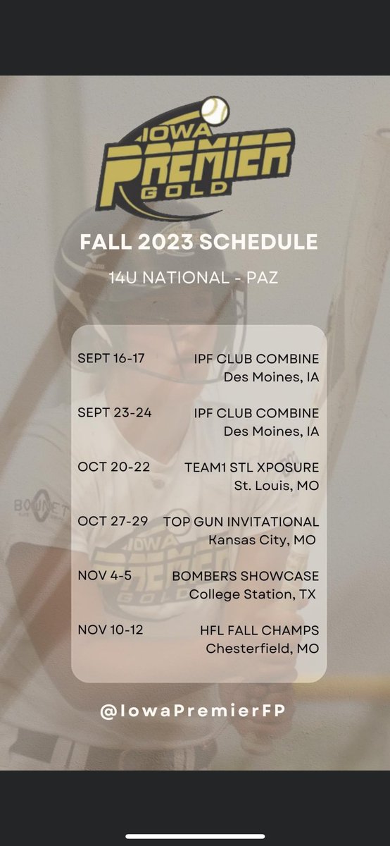 I can’t wait to kick off this season at the Team1 STL XPOSURE. Here are the schedules for this weekend and the rest of fall. #alldayeveryday #allgasnobreaks #IPFlife @IowaPremierFP @OliviaHPaz1997 @chhelt @UKCoachLawson @TyraPerry13 @Ltrout07 @GassoPatty @ASUSoftball @USASoftball