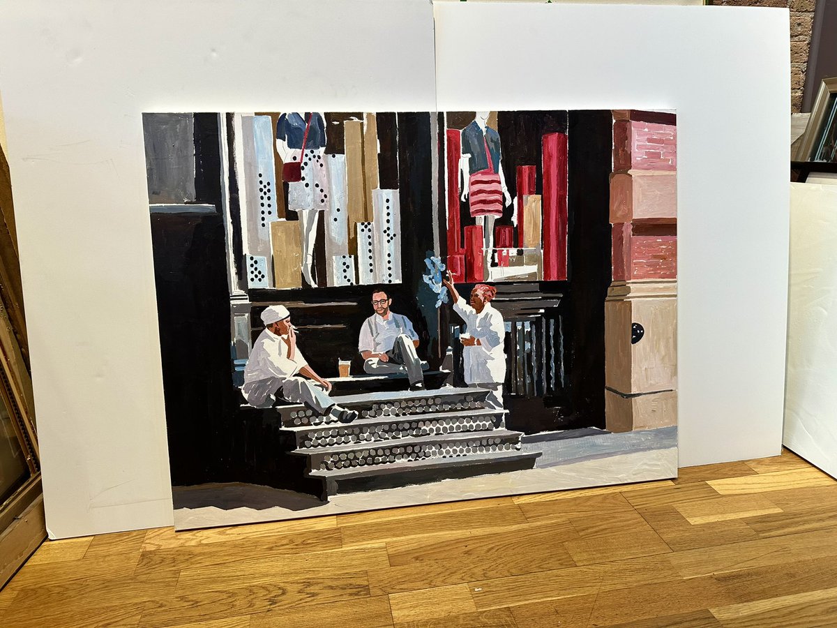 JoshMoulton's tweet photo. In progress new painting. “Break from the Kitchen” Available when finished. 30” x 40” acrylic on canvas. #art #artgallery #futurepainting #soho #nyc #chefs #smokebreak #lunchbreak @jcrew @secret_nyc #serviceindustry #kitchenstaff https://t.co/0JaNsVpx7f