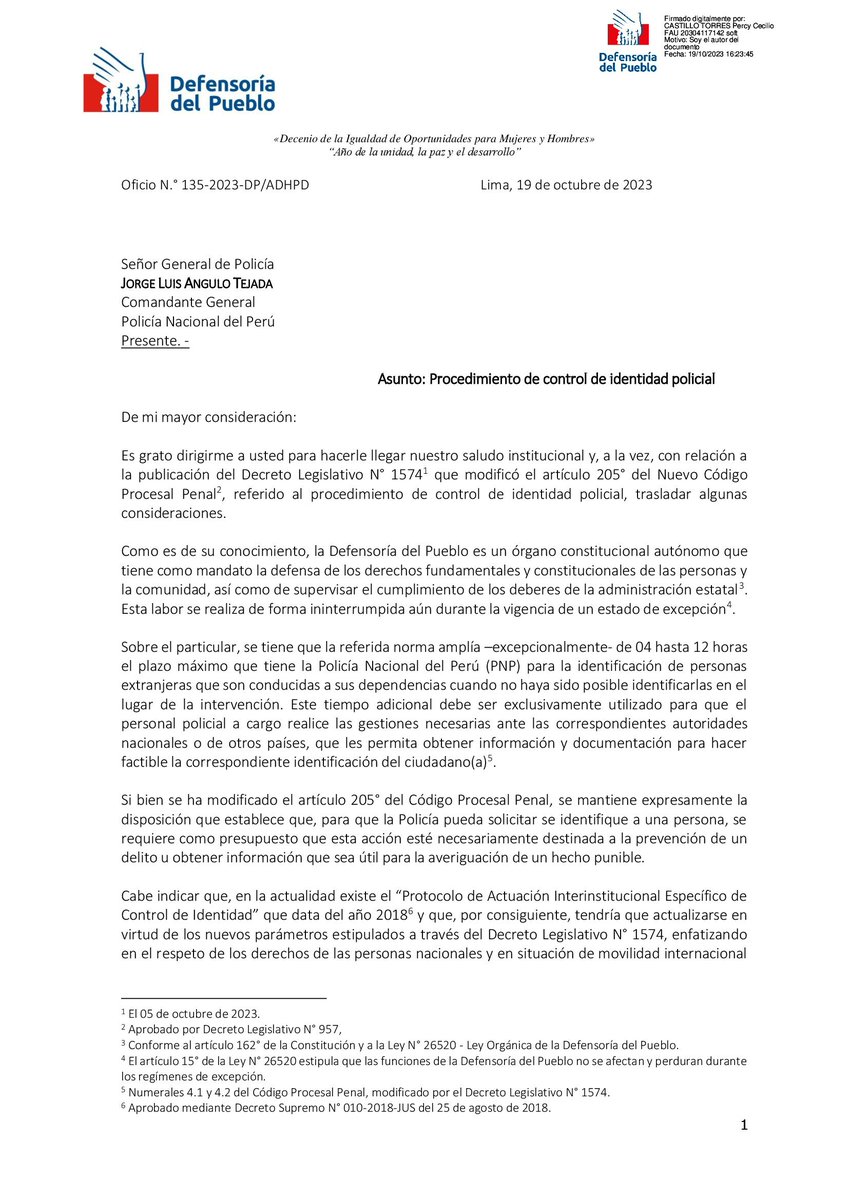Defensoria_Peru's tweet photo. Hemos solicitado a la Comandancia General de @PoliciaPeru que nos informe sobre las medidas dispuestas para adecuar sus procedimientos y protocolos sobre #ControlDeIdentidad, en virtud al D. L. N.° 1574. (1/4) https://t.co/WDD7oj82yG