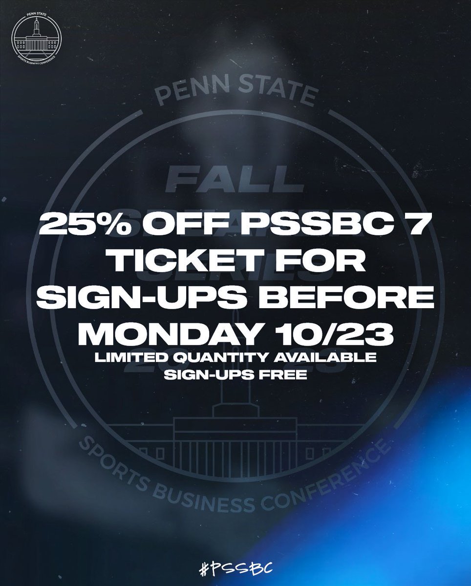 PennStateSBC's tweet photo. We here at PSSBC are offering this exclusive deal to a limited number of students that register for our Fall Speaker Series Event before Monday, October 23rd. Clink the link below to register, and we will see you November 9th!

https://t.co/O4JF2YadqG

#PSSBC #PennState #WeAre https://t.co/4RzCXJykrz