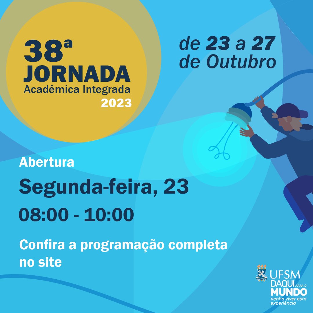 UFSM_oficial's tweet photo. Quem aí está ansioso para a #JAIUFSM? 🙋
📅 A 38ª Jornada Acadêmica Integrada da #UFSM se inicia nesta segunda, dia 23 de outubro e encerra no dia 27.
A Abertura Oficial acontece no Centro de Convenções às 8h30, incluindo:
+ https://t.co/VDoBDe2jxr
