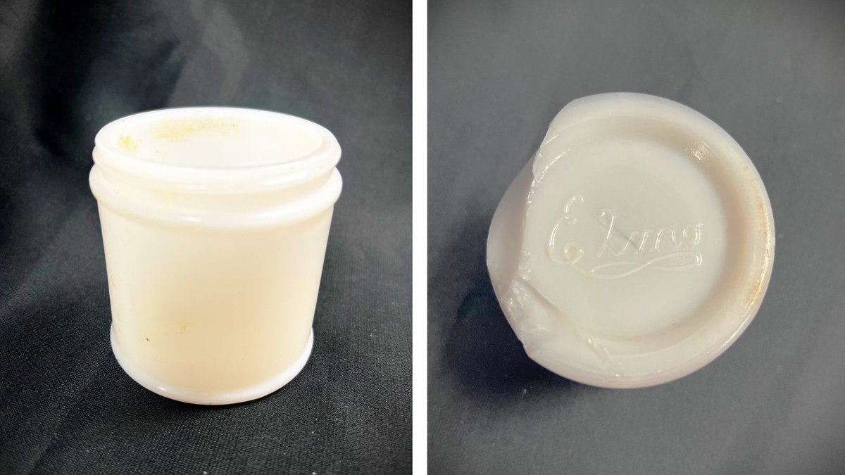 #FindOutFriday Milk glass was first introduced in the 16th century and became a quick competitor of porcelain. This is a jar made by Elmo/Elmo Sisters, a beauty company founded in the early 1900s. It was likely a beauty cream. Archaeologists have dated this jar to 1919-1929.