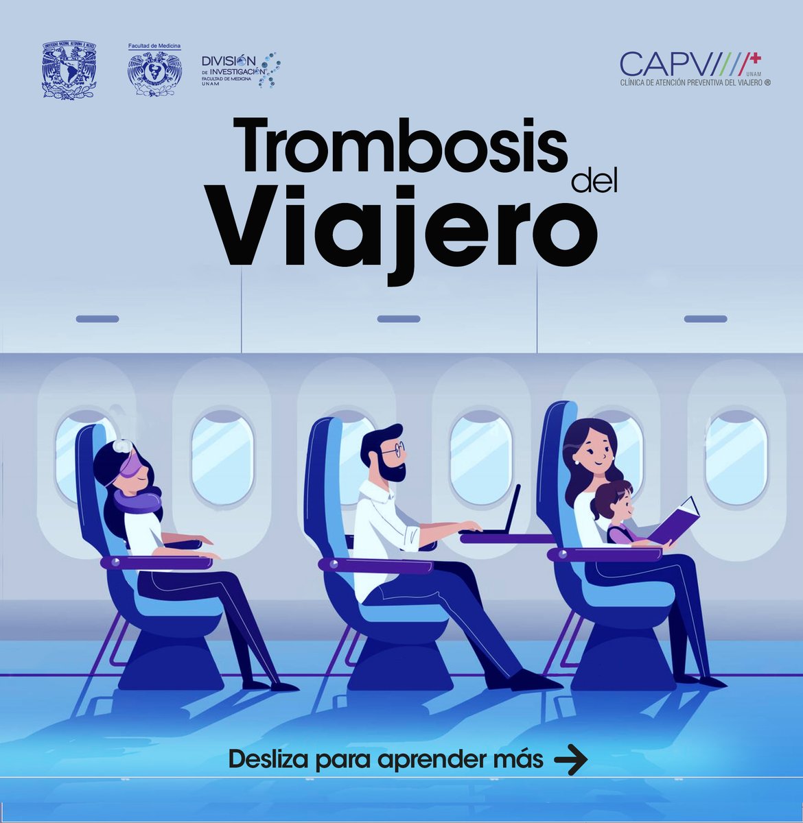 capvunam's tweet photo. La trombosis del viajero no se toma vacaciones 🙅🏽🛄. 

Conoce sobre ella y garantiza tu seguridad y bienestar en tu próximo viaje ✈️🌎. 

#CAPV #UNAM #SomosFacMed #SomosInvestigadores #Prevención #SaludPública #ViajeSeguro #Trombosis #TrombosisDelViajero https://t.co/9LWEG1eYQb