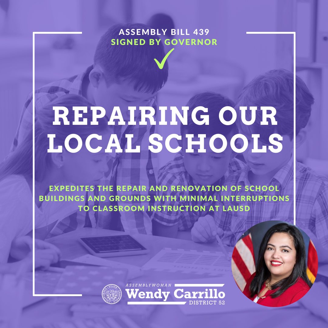 🚨￼SIGNED INTO LAW￼ 🚨Thank you @CAgovernor Newsom for signing AB439📜￼, expediting the repair and renovation of school buildings with minimal interruptions in our classrooms. TY @LASchools for your partnership, and to all our supporters!